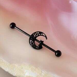 14G black cat and celtic moon surgical steel industrial barbell w 5mm ball NWT